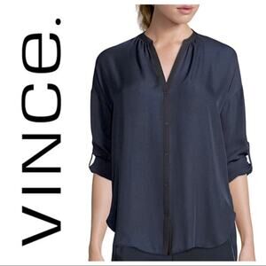 Vince Navy Blue Black Trim 100% Silk Button Down Blouse Size Medium